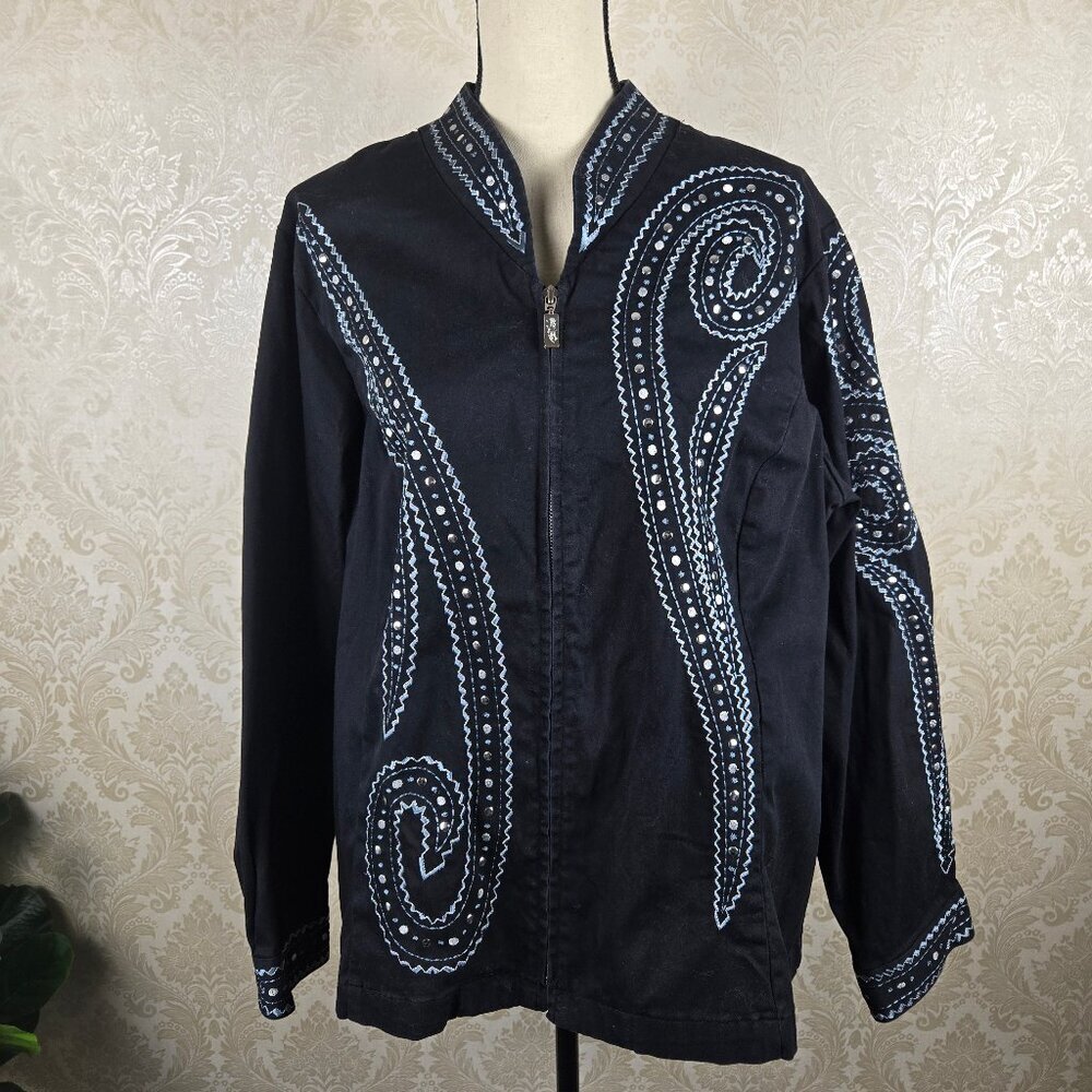 Bob Mackie Size 1X Wearable Art Black Zip Front Jacket Blue Paisley Western